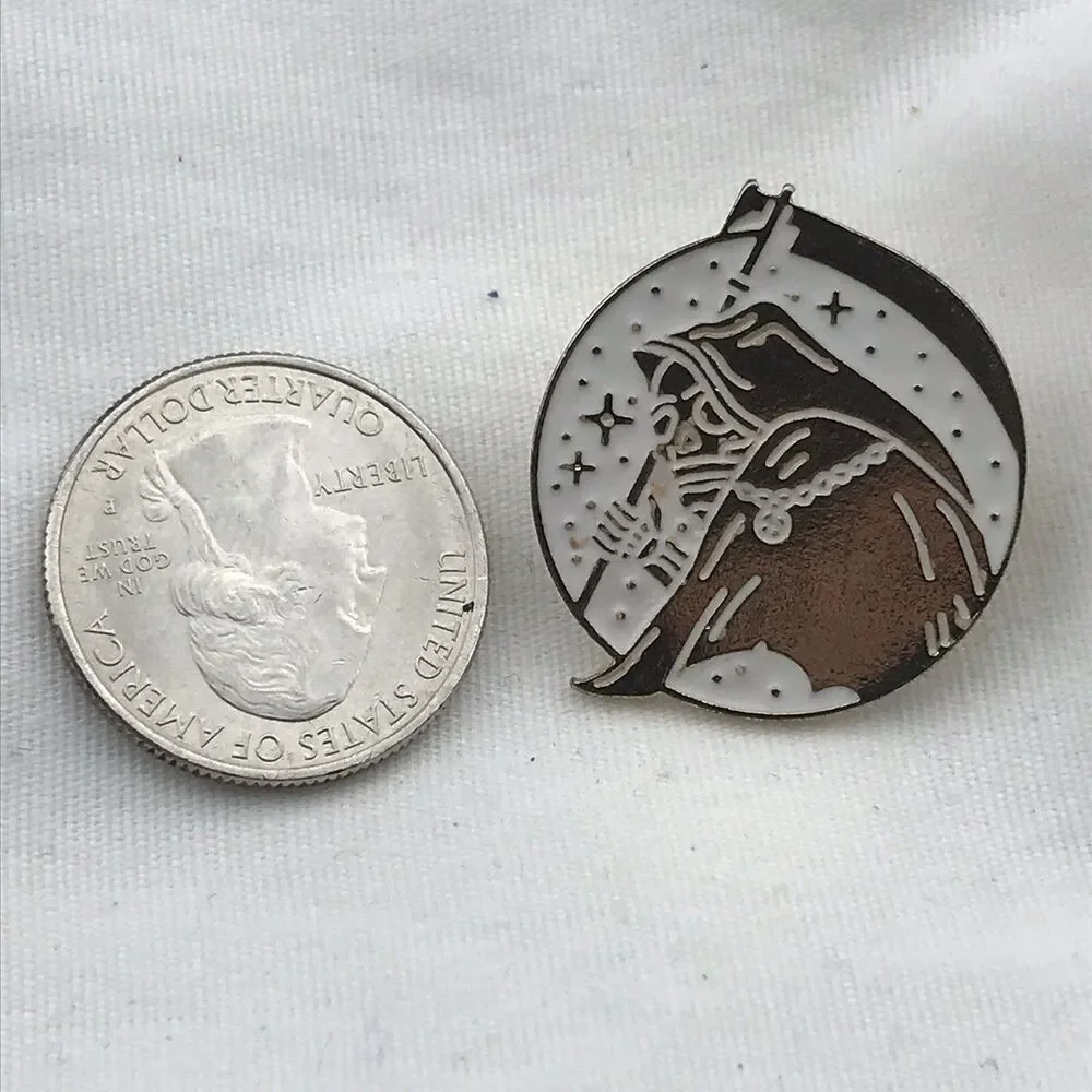 Grim Reaper Crystal Ball Stars Black White Silver Wiccan Enamel Pin Brooch